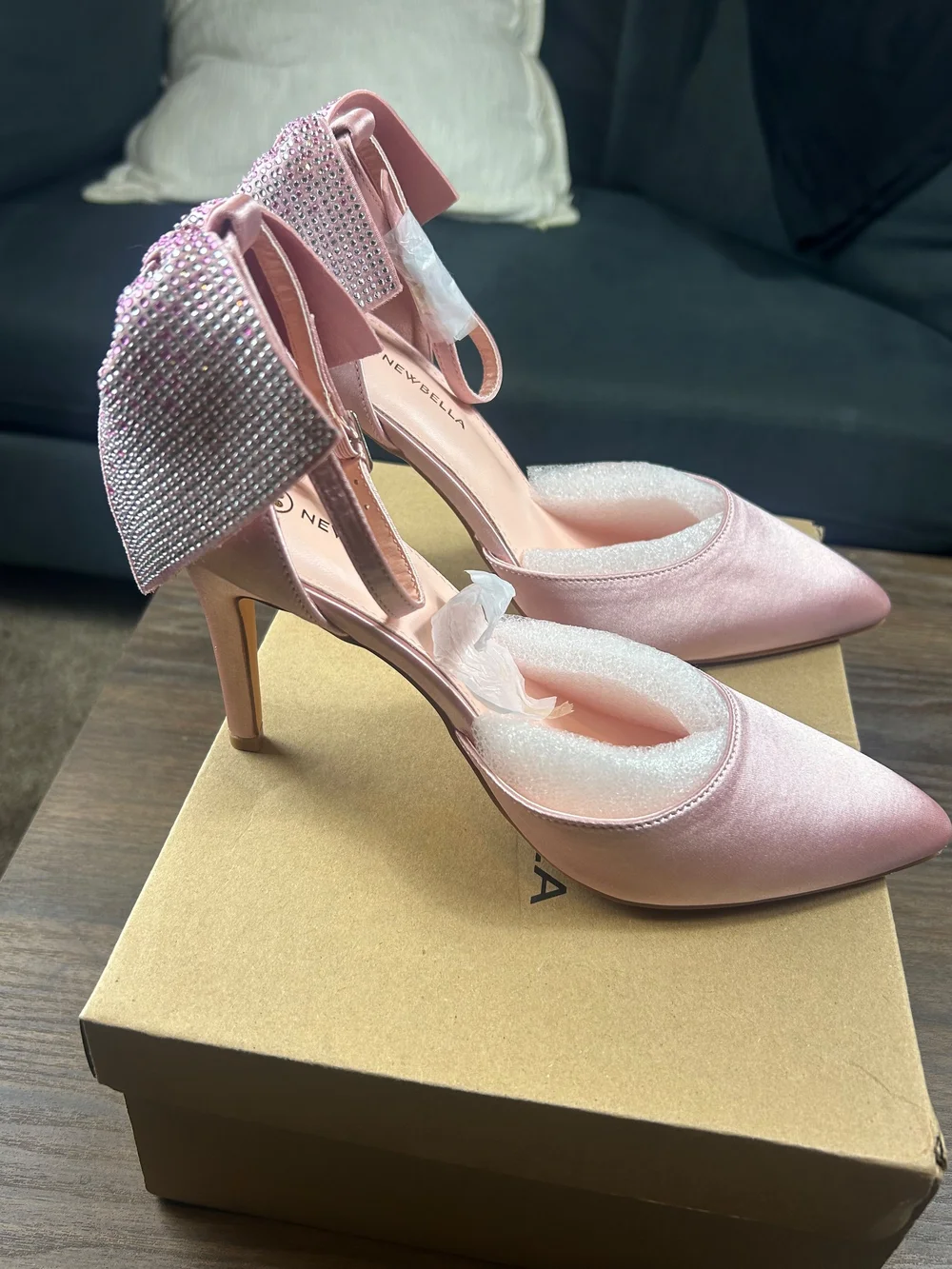 Pink Satin Pointed-Toe Heels with Embellished Ankle Bow